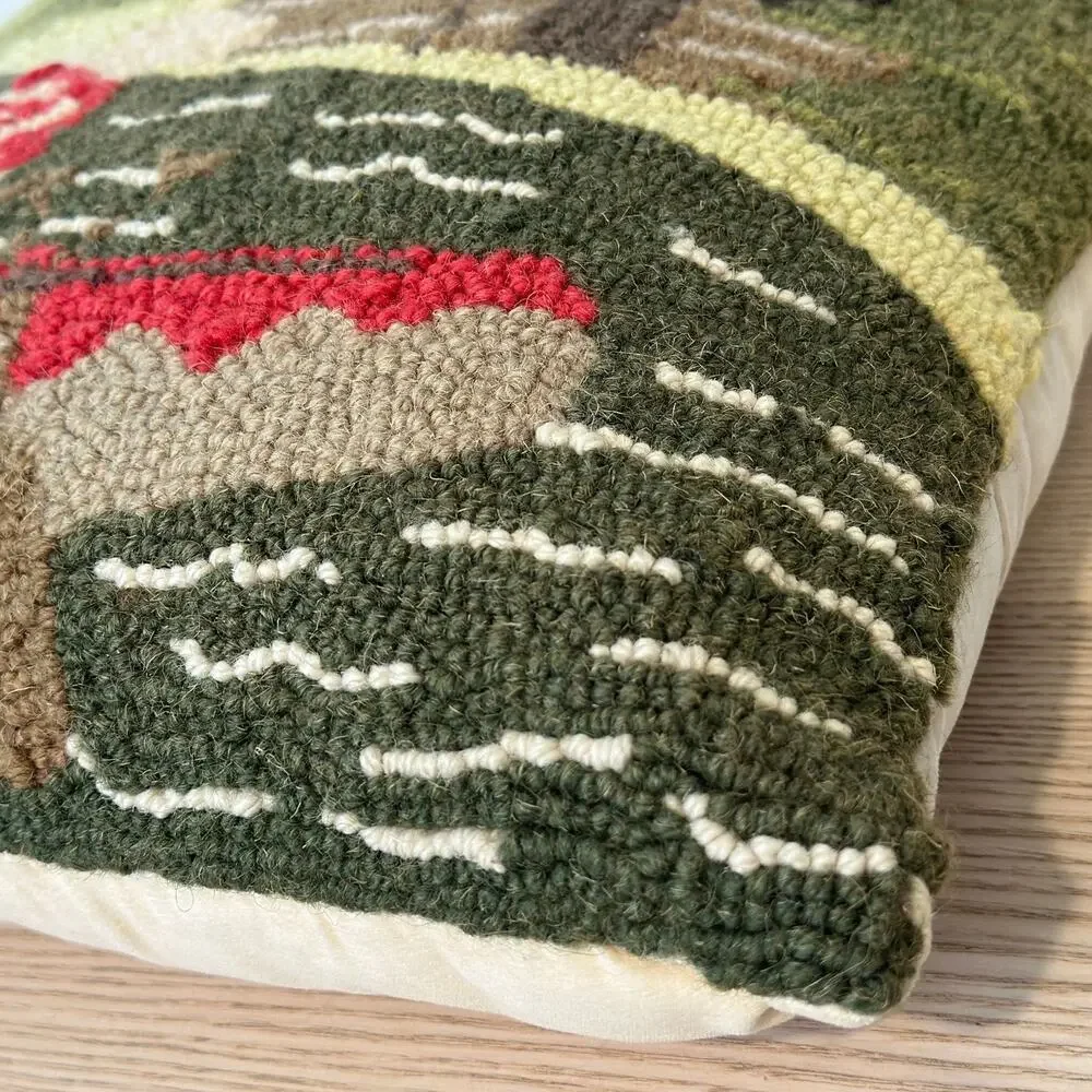Hooked Wool Throw Pillow 14x14 Dog Canoe Lake House Cabin Trees Forest Classic